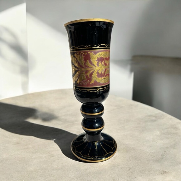 Antique Black purple art glass chalice 14k gold handpainted gold foil Persian - Picture 1 of 9
